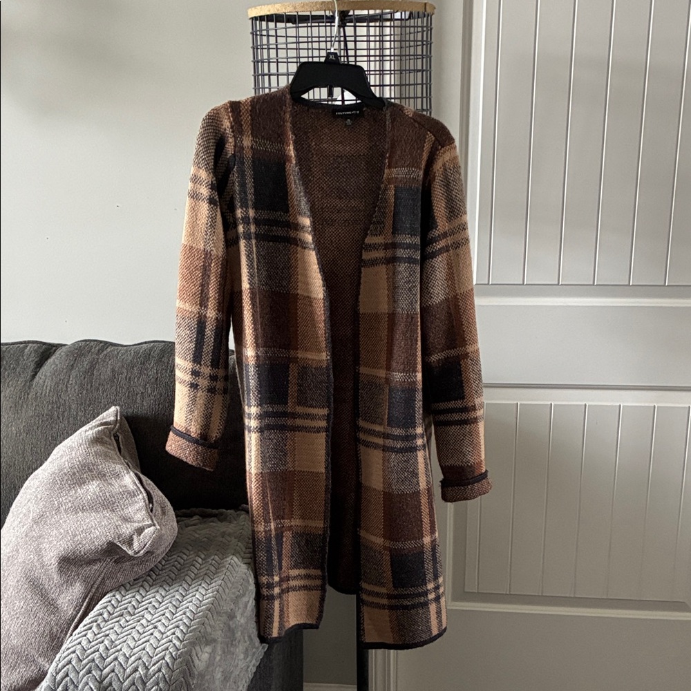 Plaid Open-Front Cardigan in Brown and Tan